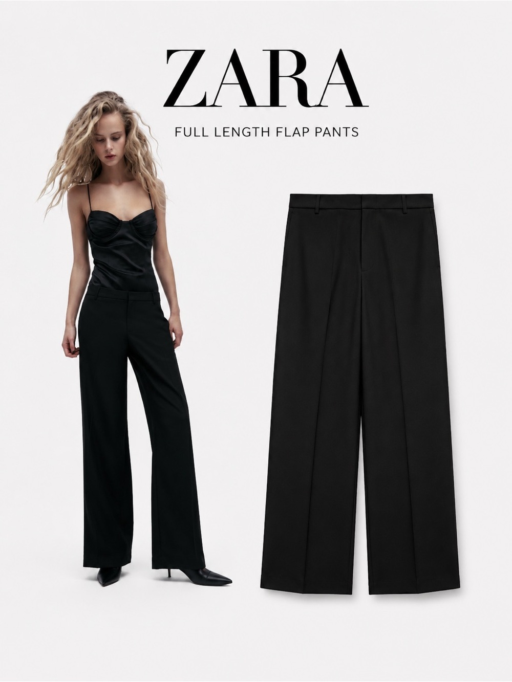 ZARA Full Length Flap Wide Leg Pants Black NWT Size M/L